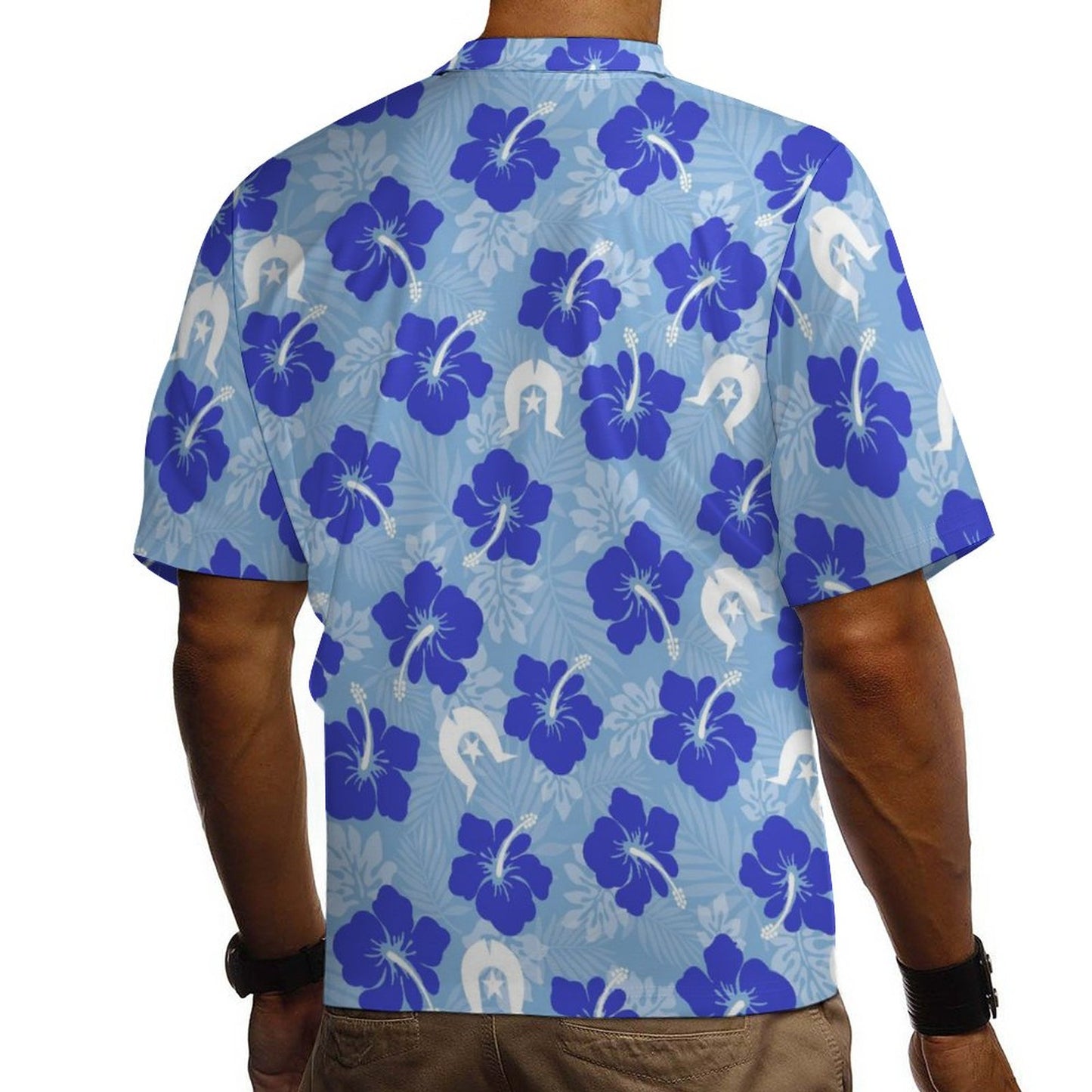 Hibiscus flowers with White Dhari (Sky blue) on Cotton Men's Cuban Collar Short-Sleeve Shirt