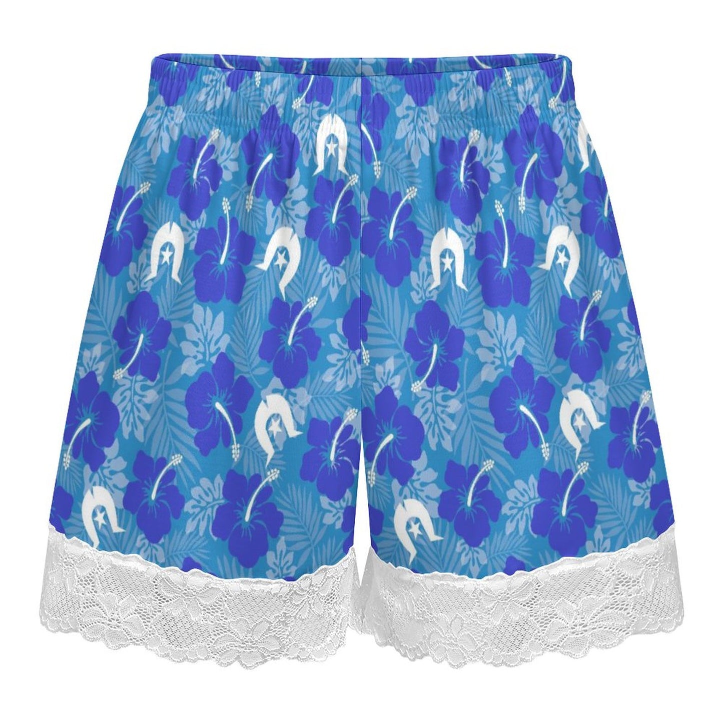 Hibiscus flowers with Dhari (Royal blue) on 200gsm Women's Lace Trim Pajama Shorts