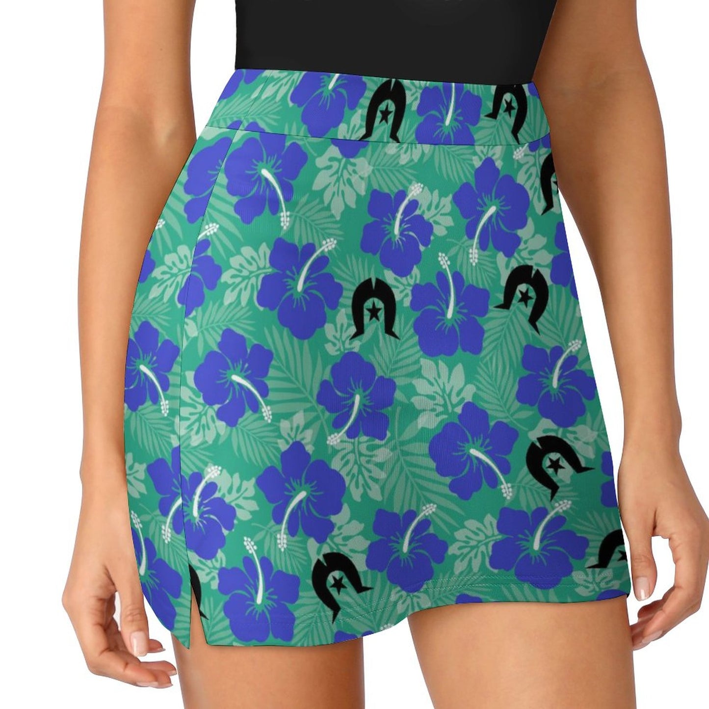 Royal Blue Hibiscus flowers with Black Dhari on Anti-peep Skort with Pocket AMQ