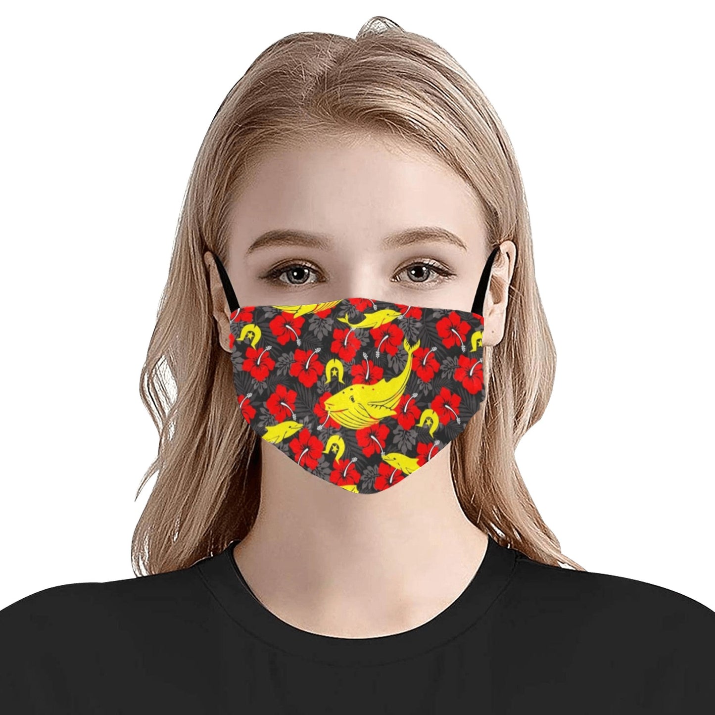 Royal Red Hibiscus with Yellow Dhari, Whale and Dolphin on Cotton Facemask with Adjustable Strip (ModelM07)(Made In AUS)