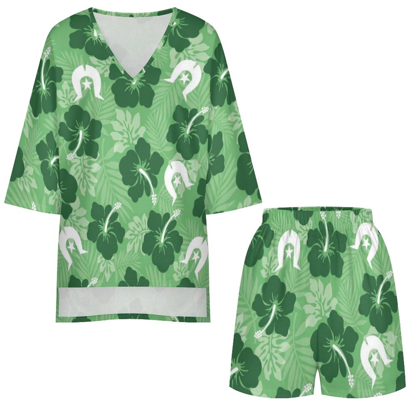 Hibiscus flowers with Dhari (Sea Grass Green) on Mediterranean Style V-Neck Suit