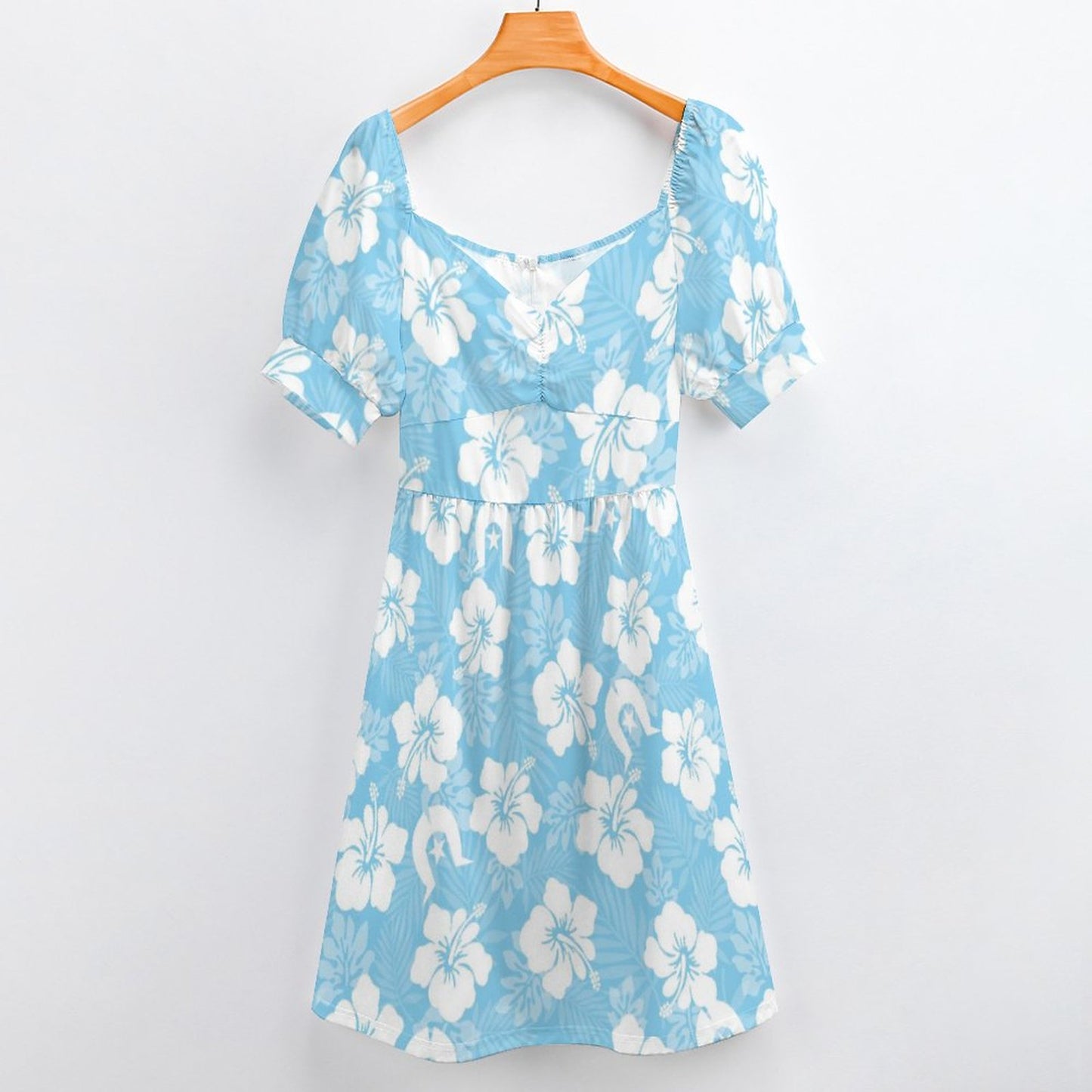 White Hibiscus and Dhari (blue) on Short Sleeve V Neck Lovely Dress