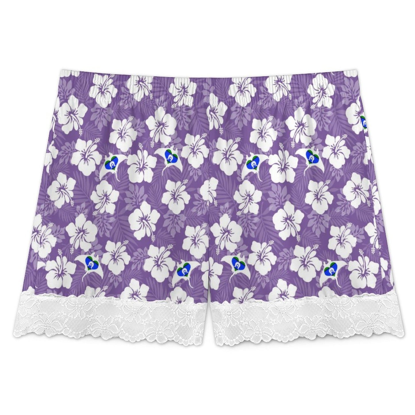 White Hibiscus with Torres Strait flag in Stingray (Purple) on 200gsm Women's Lace Trim Pajama Shorts