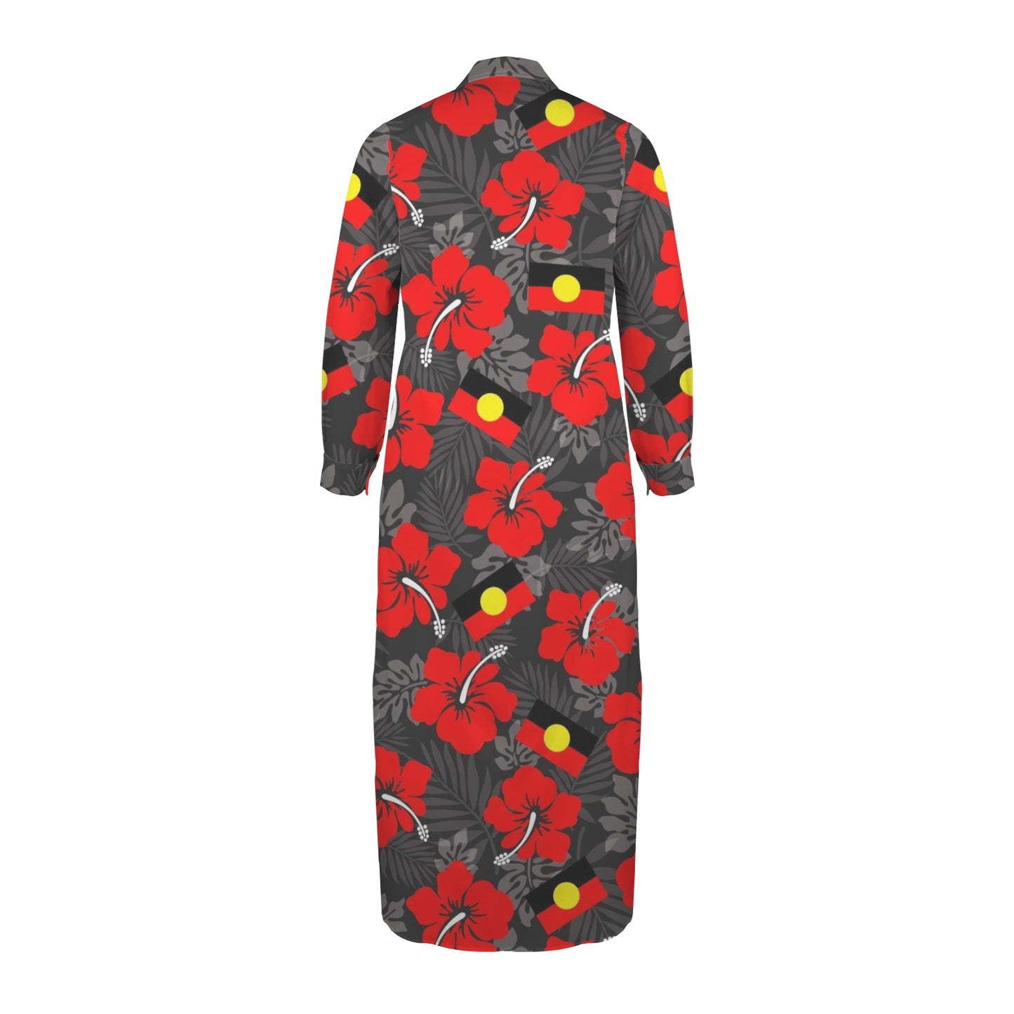 Royal Red Hibiscus flowers with Aboriginal flag on Button Long Sleeve Shirt Dress