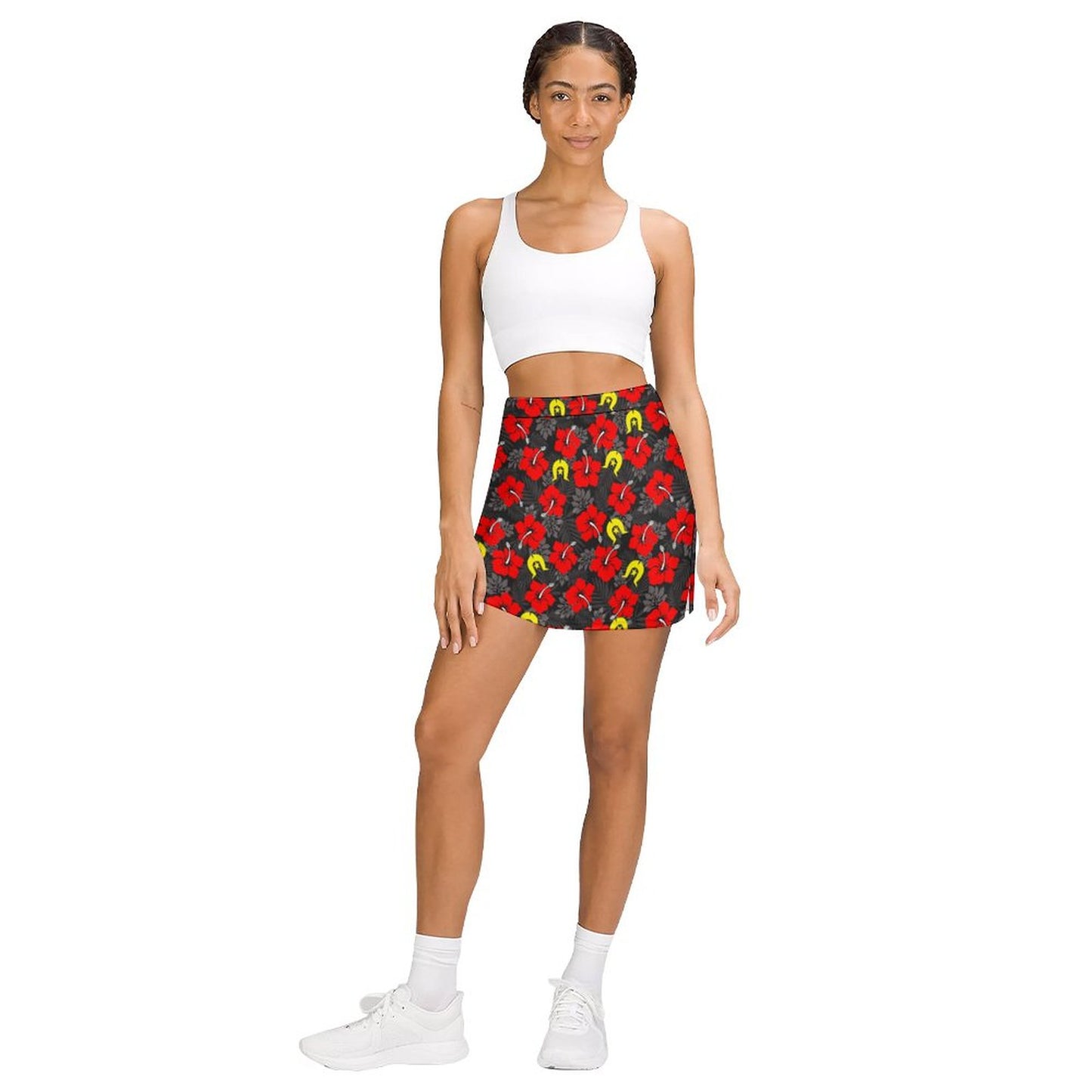Royal Red Hibiscus with Yellow Dhari on Anti-peep Skort with Pocket AMQ