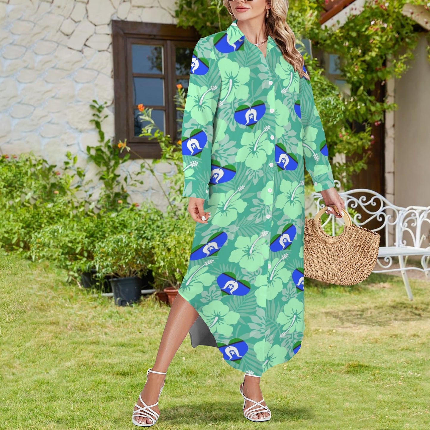 Hibiscus flowers with Torres Strait Heart Flag (Royal Mint) on Button Long Sleeve Shirt Dress