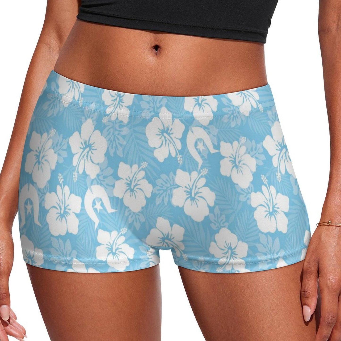 White hibiscus and Dhari (Blue) on 180gsm Women's Boxer Briefs