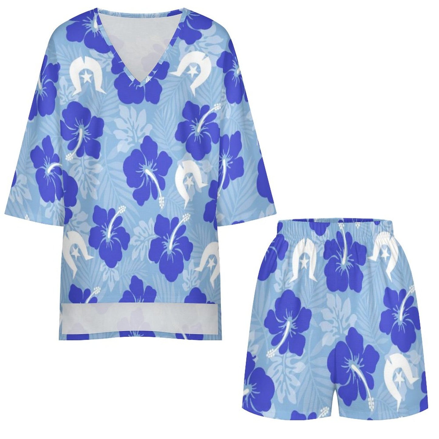 Hibiscus flowers with White Dhari (Sky blue) on Mediterranean Style V-Neck Suit