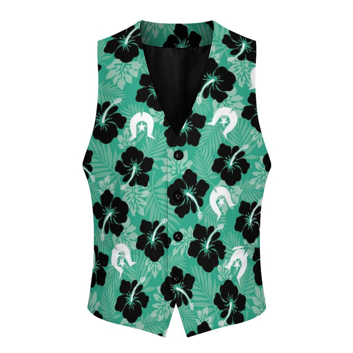 Black Hibiscus with White Dhari on Men's Sleeveless Suit Vest