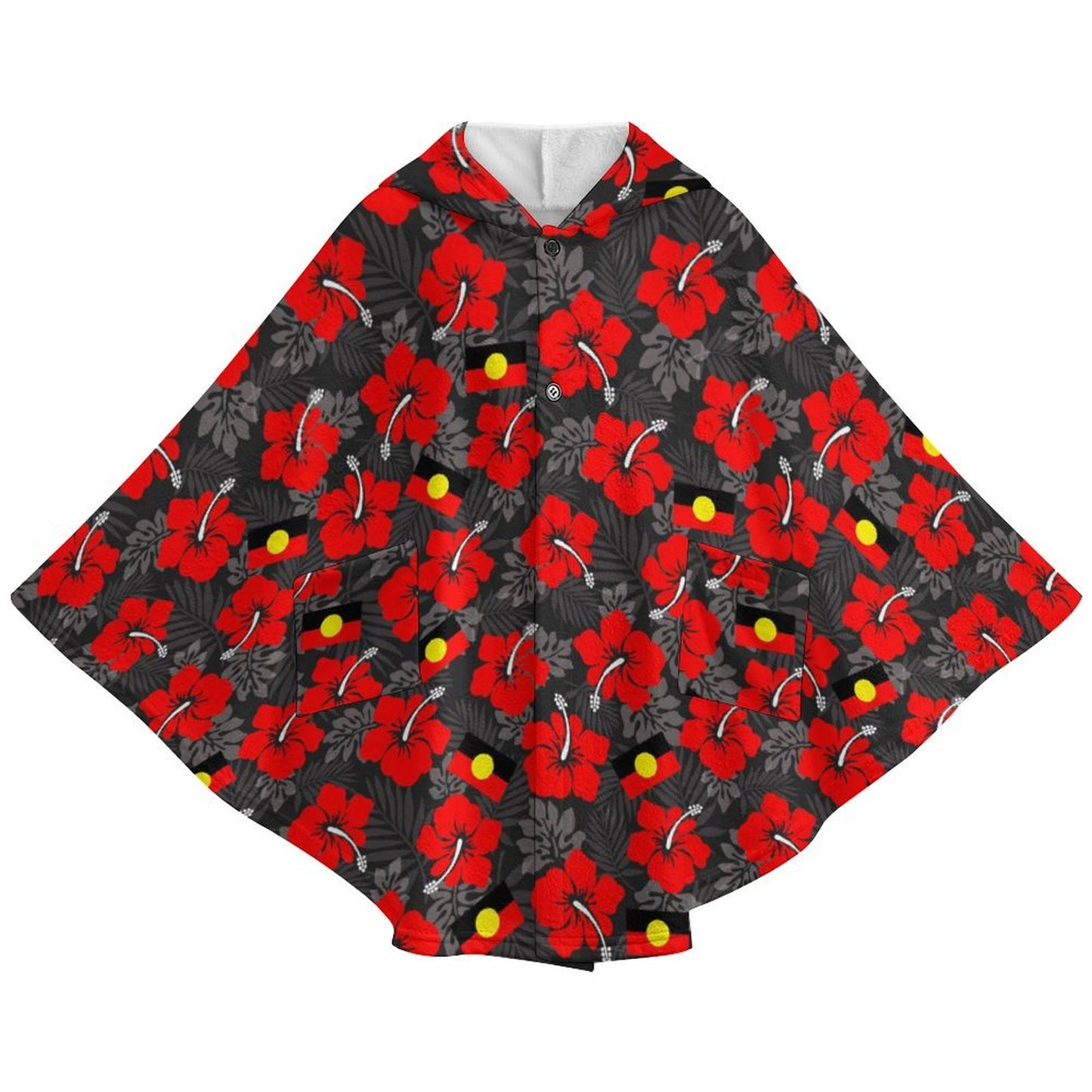Royal Red Hibiscus and heart shaped Aboriginal flag on Fleece Hooded Cape for Adults