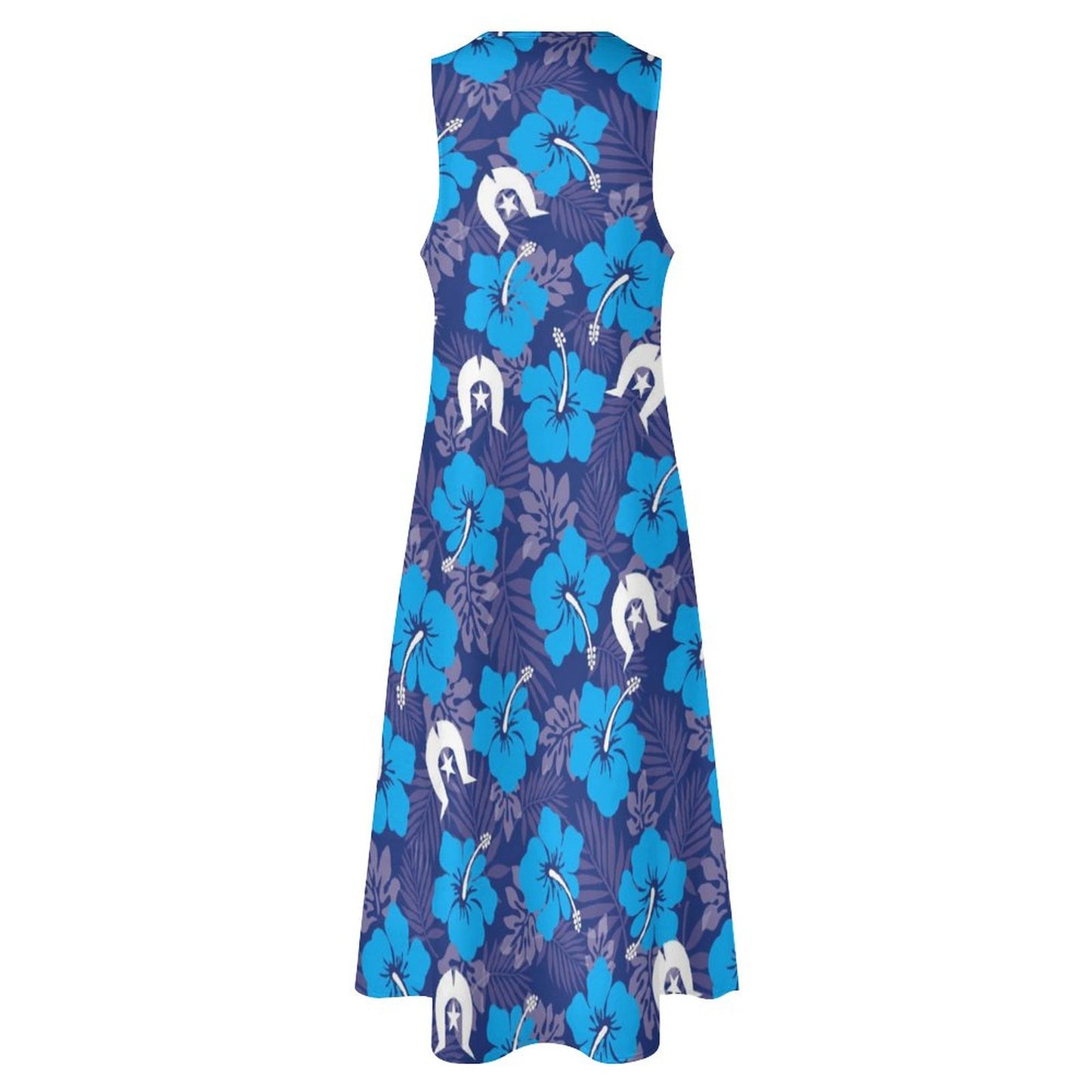 Hibiscus flowers with White Dhari (Royal blue) on Sleeveless Ankle-length Dress