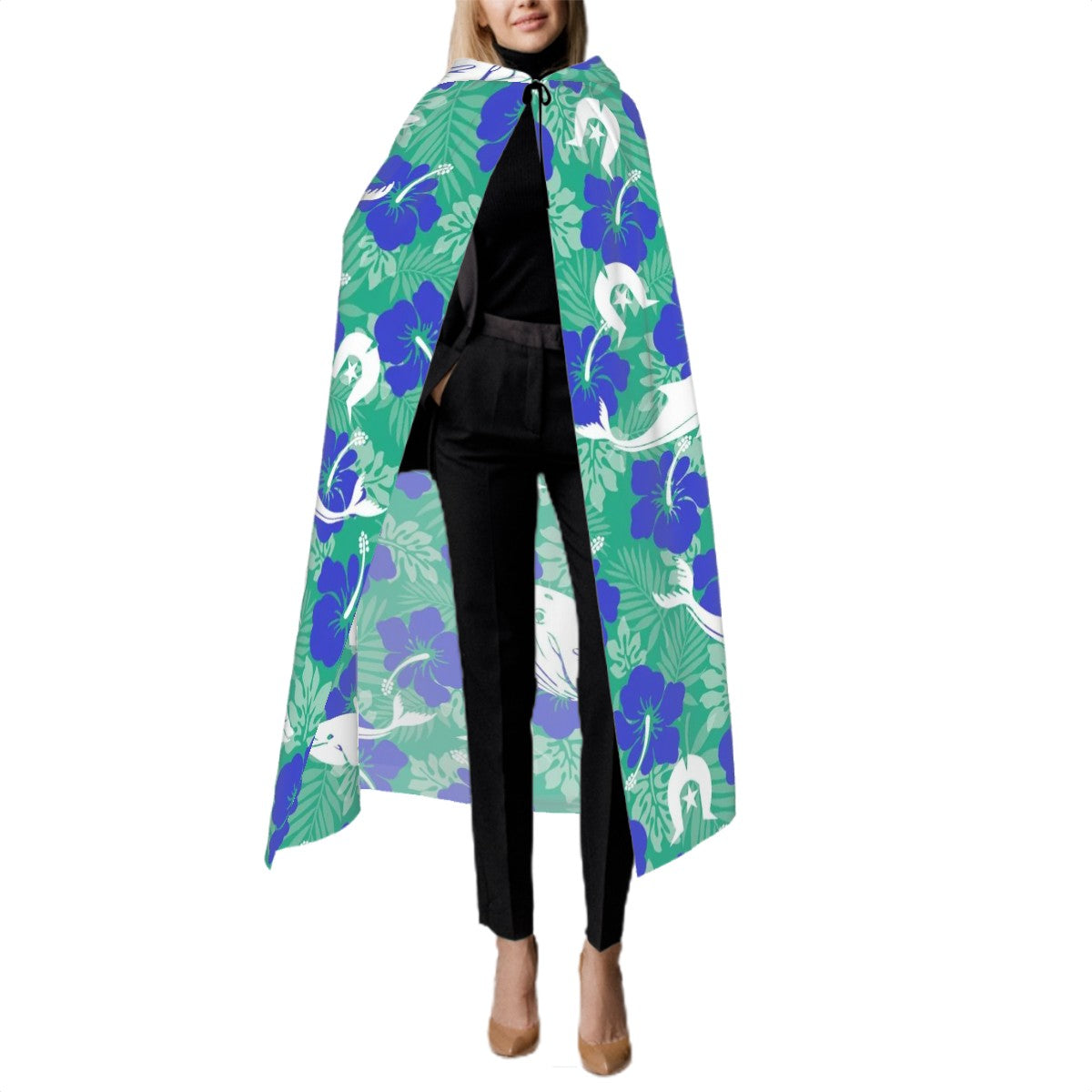 Royal Blue Hibiscus flowers with Whale, Dolphin and Dhari on Hooded Cloak