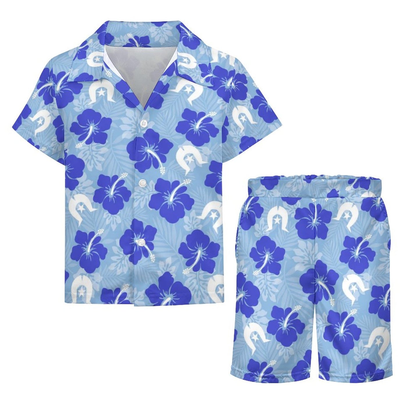 Hibiscus flowers with White Dhari (Sky blue) on Youth's/Kid's Casual Beach Outfit
