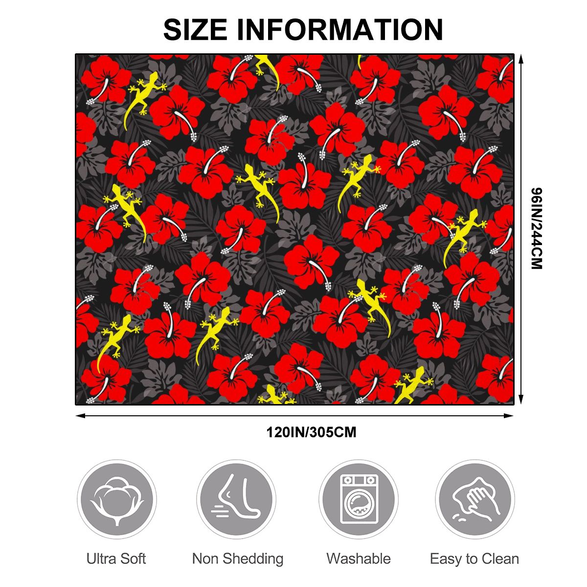 Royal Red Hibiscus flowers with Gecko on Large Area Rug Floor Carpet