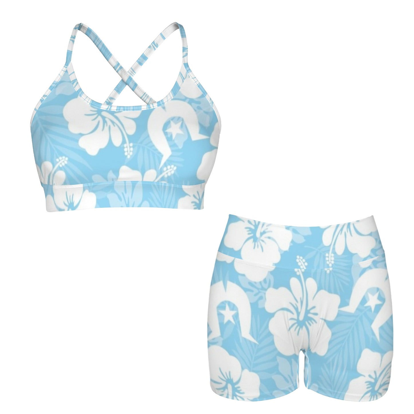 White Hibiscus and Dhari (blue) on Cross Back String Sports Bra & High Waist Shorts Active Sets
