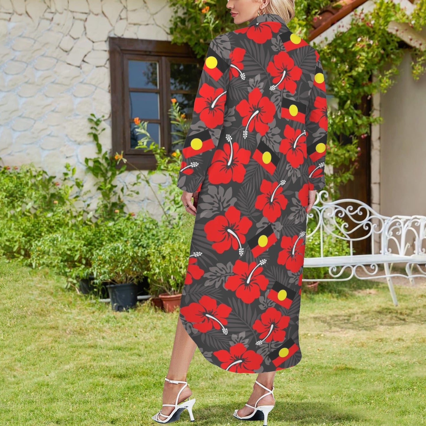 Royal Red Hibiscus flowers with Aboriginal flag on Button Long Sleeve Shirt Dress