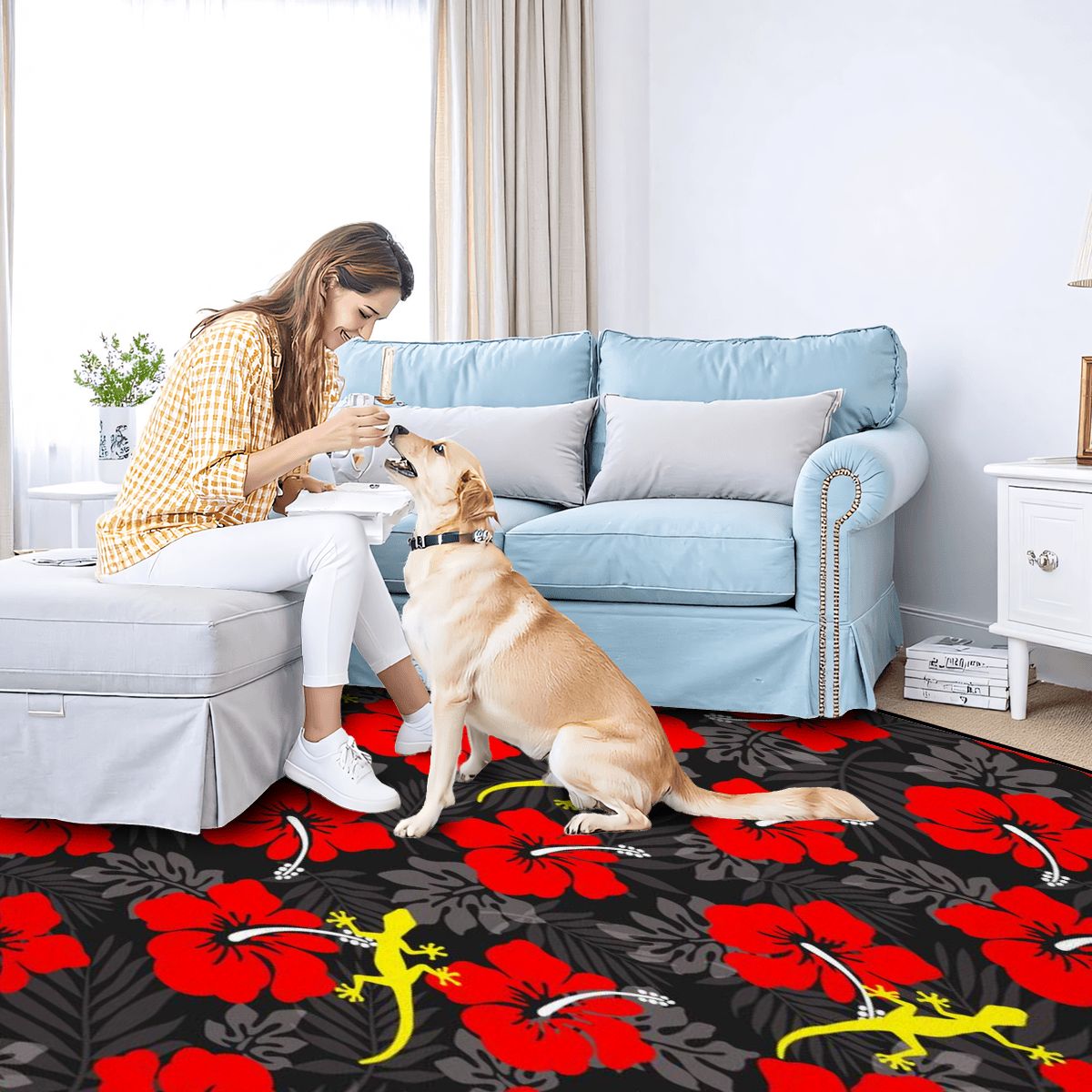 Royal Red Hibiscus flowers with Gecko on Large Area Rug Floor Carpet