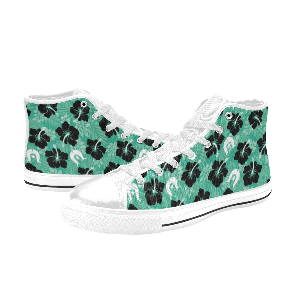 Black Hibiscus with White Dhari on Women's High Top Canvas Shoes