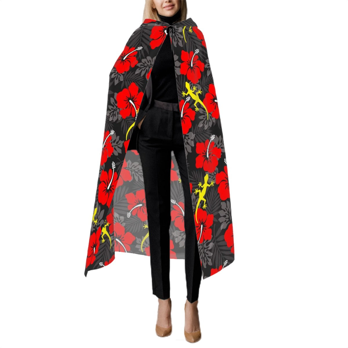 Royal Red Hibiscus flowers with Gecko on Hooded Cloak