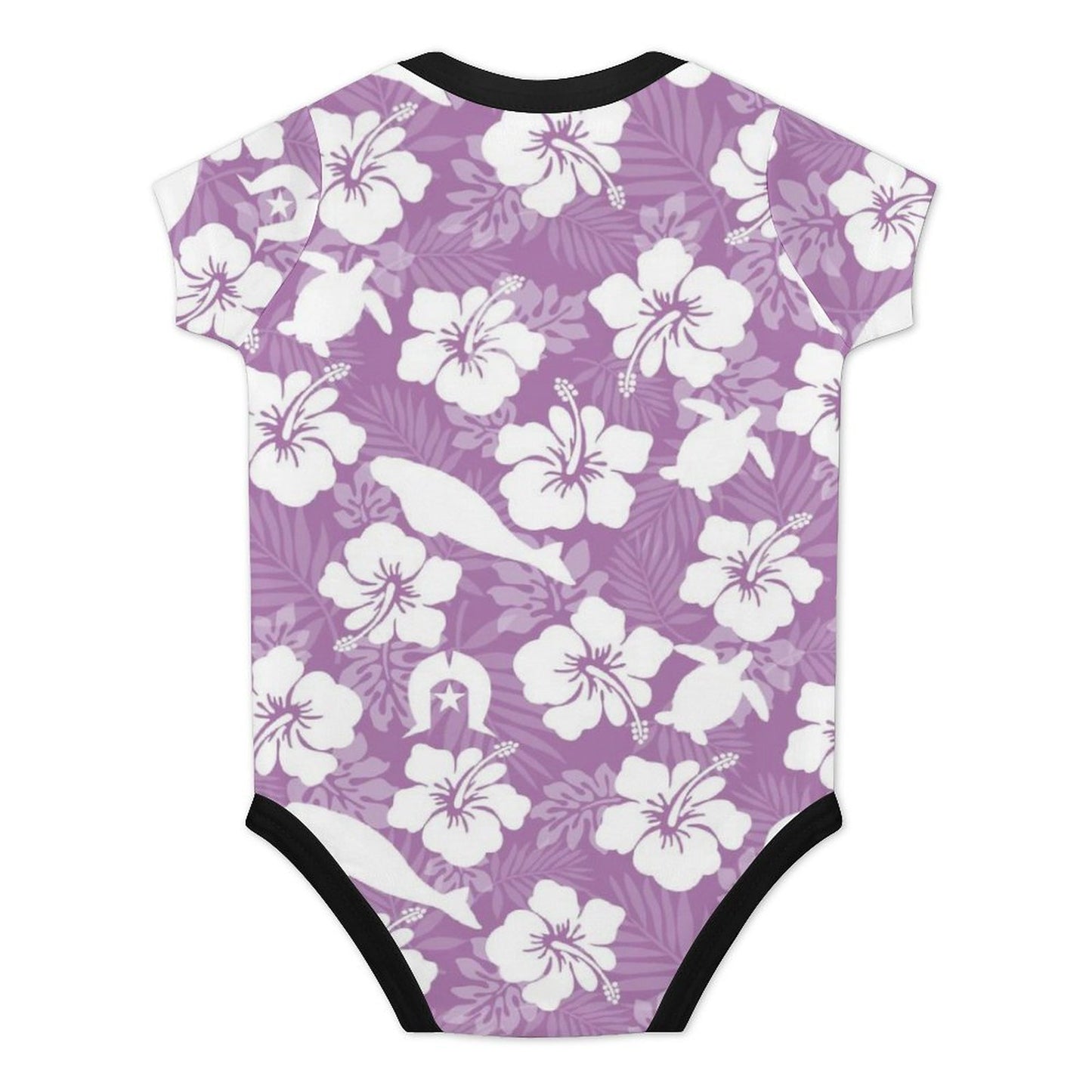 White Hibiscus flowers with Dugong, Turtle and Dhari on Faux Cotton Short Sleeve Baby Romper