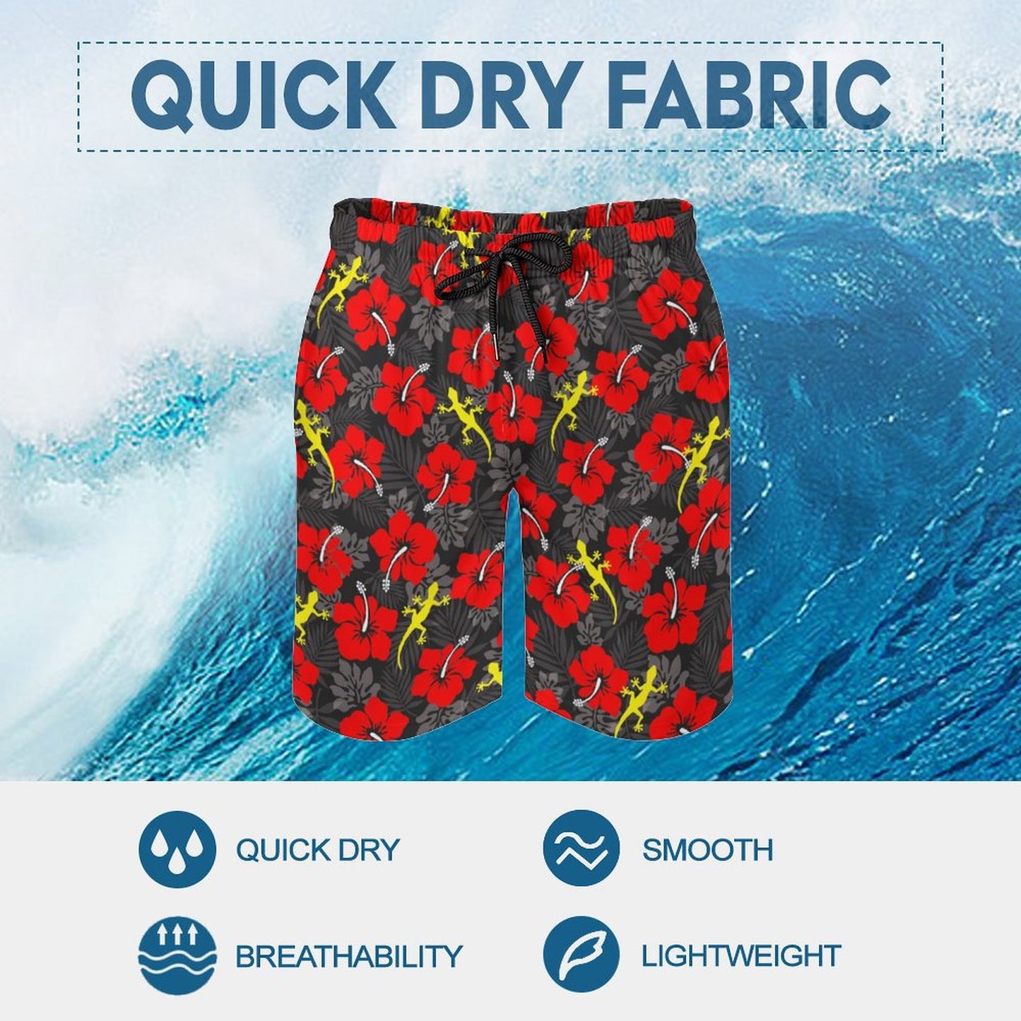 Royal Red Hibiscus flowers with Gecko on Men's Board Shorts