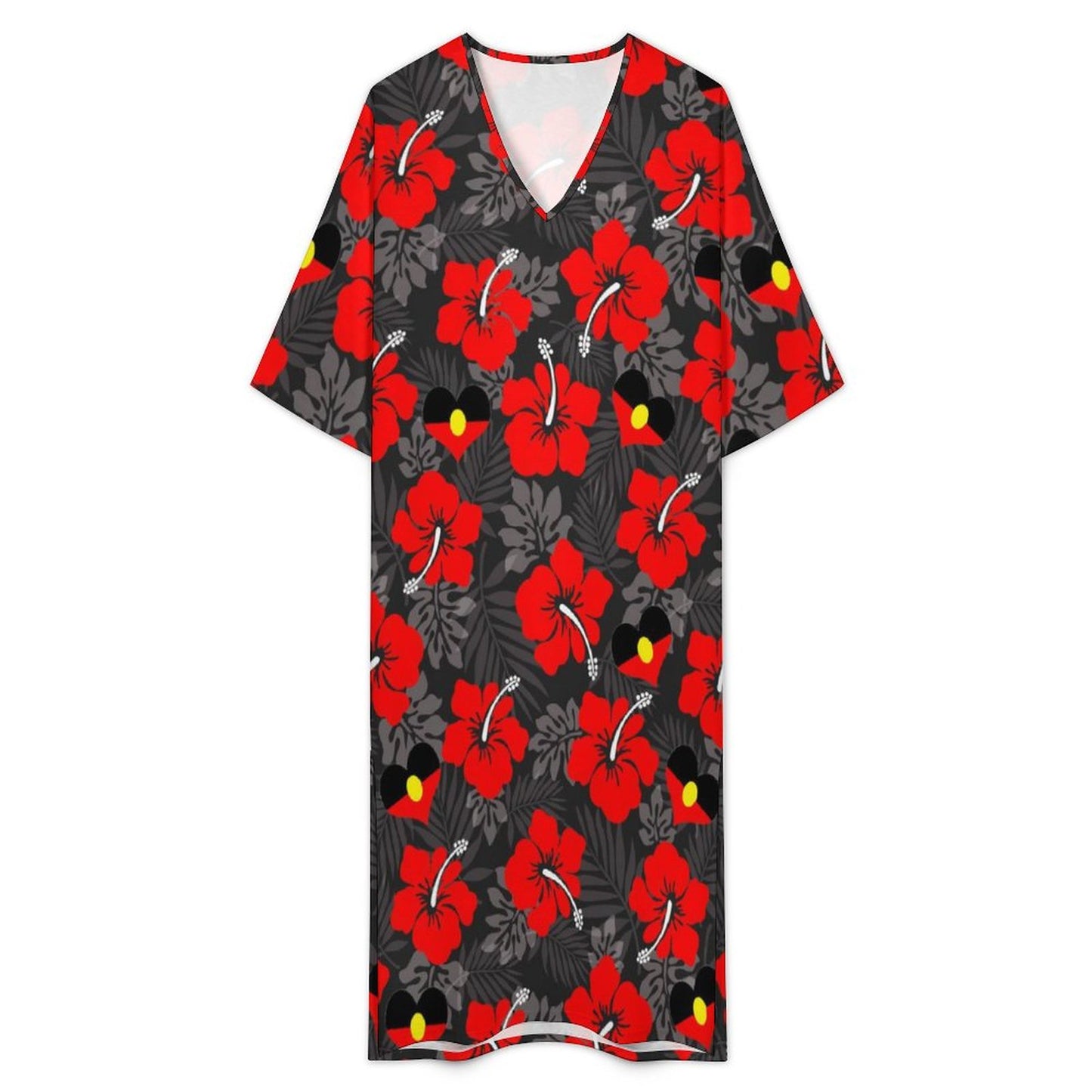 Red Hibiscus flowers with Aboriginal Heart-shaped flag on Mediterranean Style V Neck Mid-Sleeve Robe