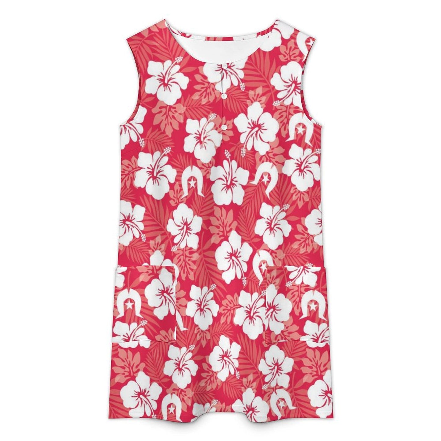 White Hibiscus flowers with Dhari (Red) on  Sleeveless Pocket Dress