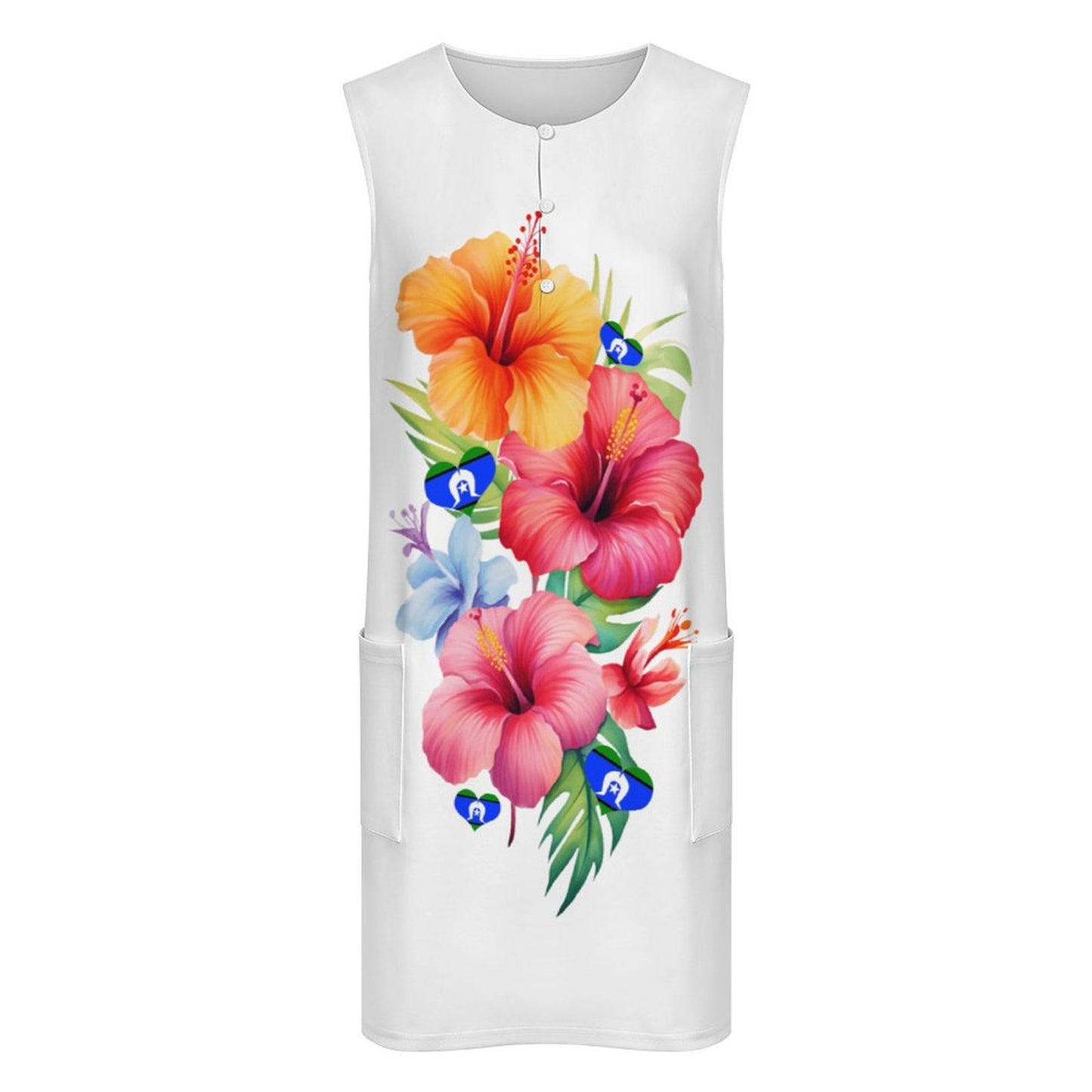 Hibiscus flowers with heart shaped Torres Strait flag on Sleeveless Pocket Dress