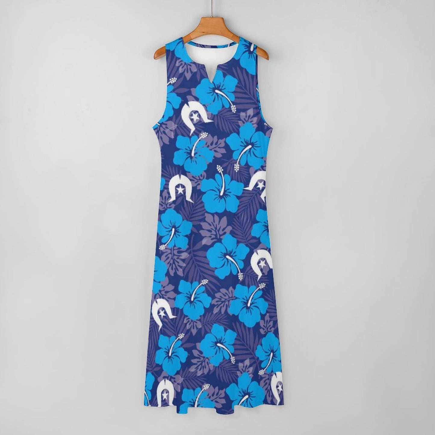 Hibiscus flowers with White Dhari (Royal blue) on Sleeveless Ankle-length Dress