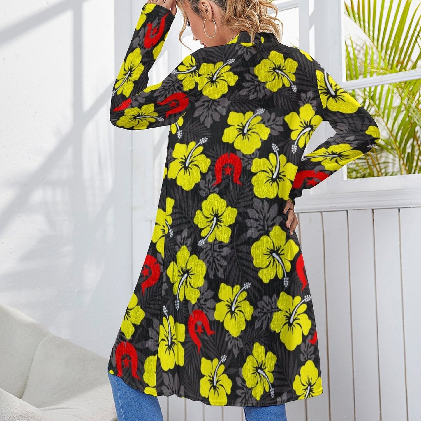 Royal yellow Hibiscus with Red Dhari on Women's Mid-length Cardigan