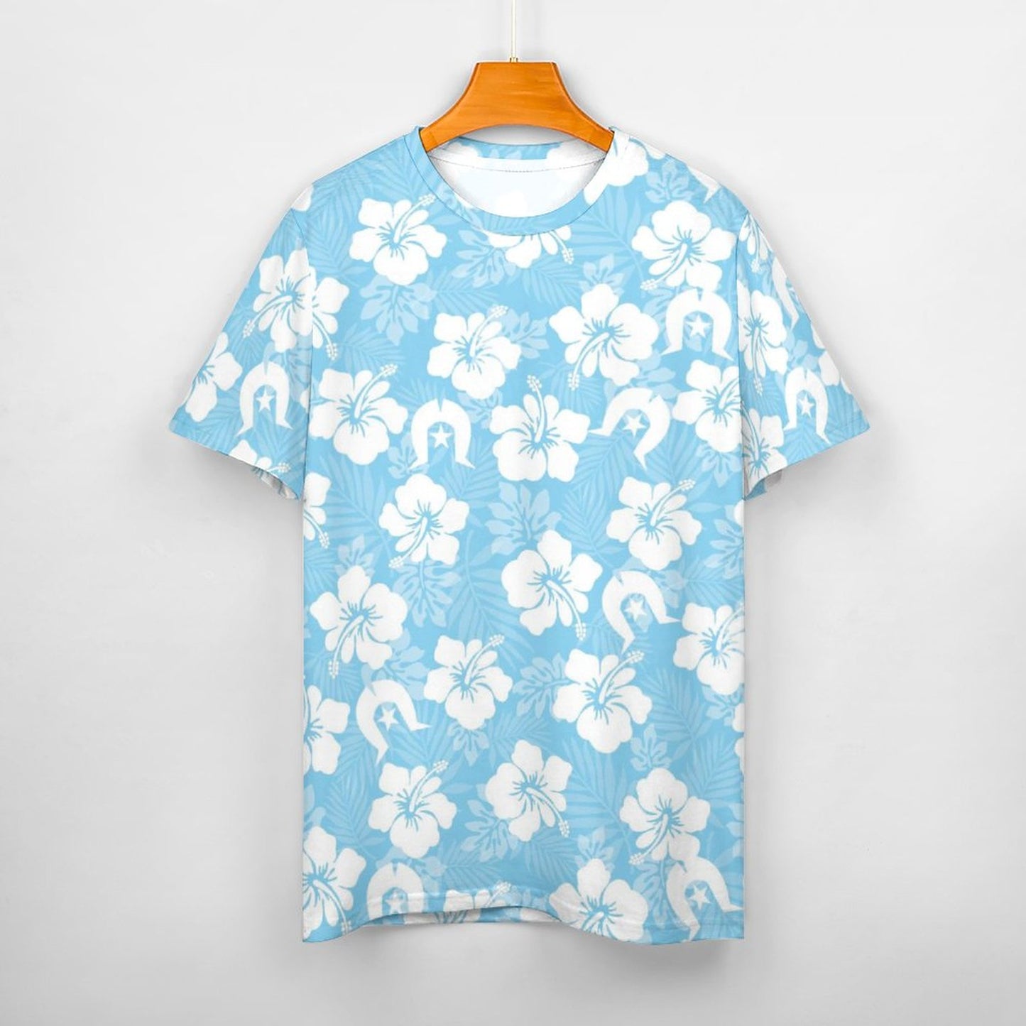 White Hibiscus and Dhari (blue) on Cotton Summer Short Sleeve T-Shirts for Women