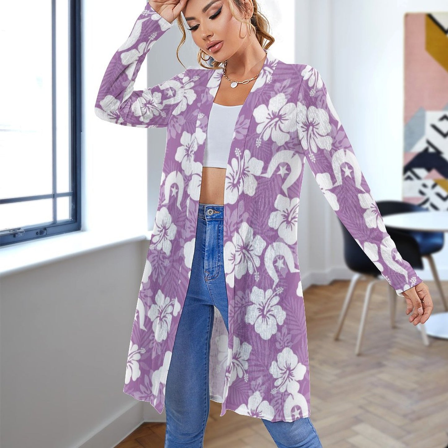White Hibiscus flowers with Dhari (Purple) on Women's Mid-length Cardigan