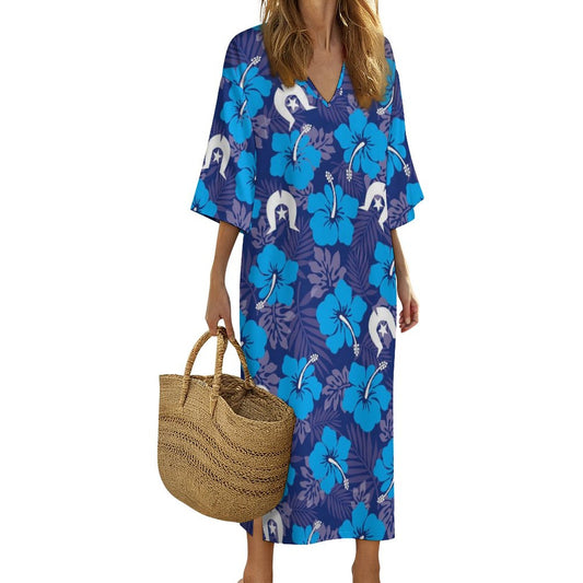 Hibiscus flowers with White Dhari (Royal blue) on Mediterranean Style V Neck Mid-Sleeve Robe