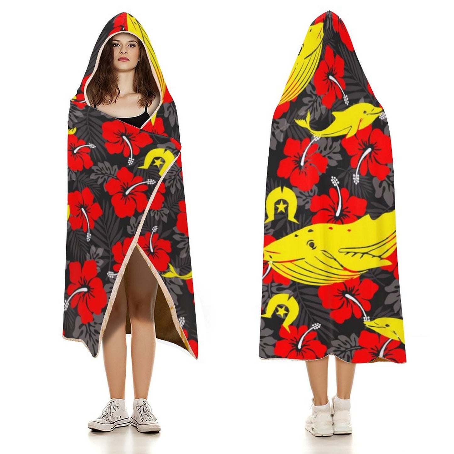 Royal Red Hibiscus with Yellow Dhari, Whale and Dolphin on Cloak Hooded Blanket  40"×50"